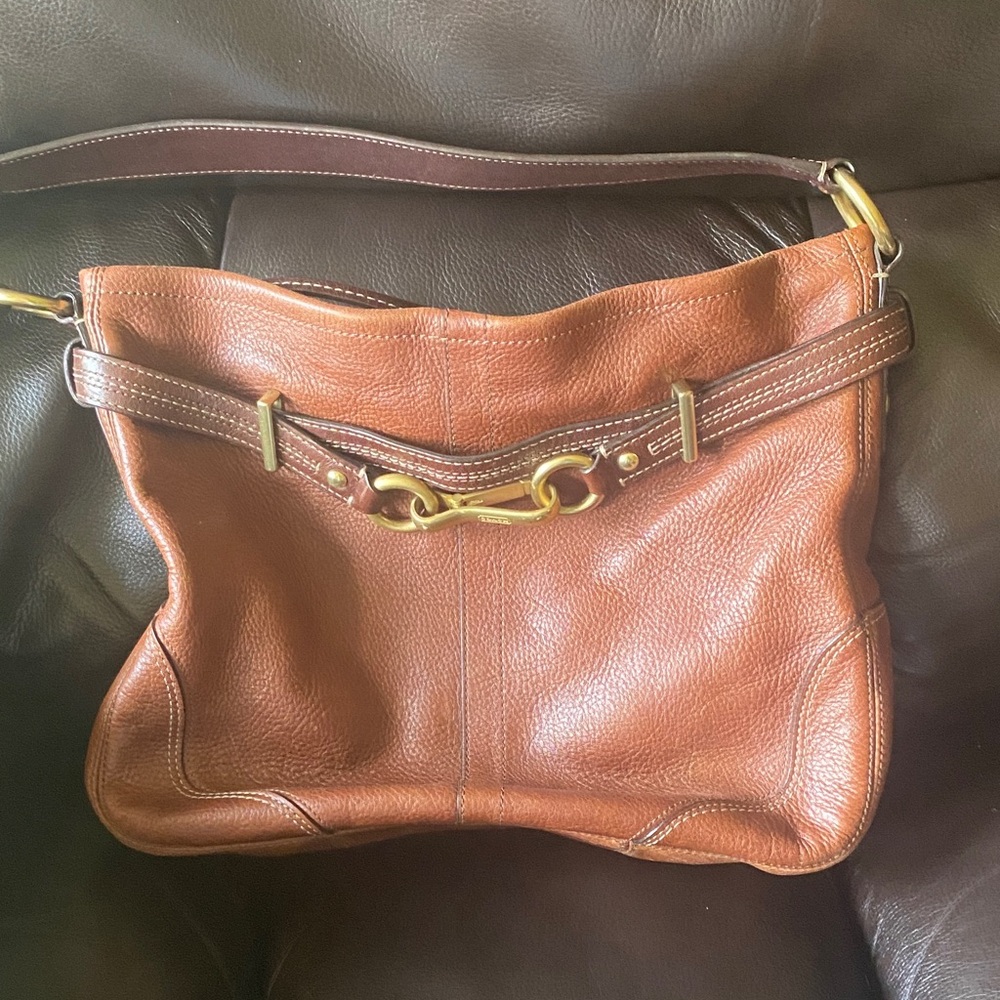 Coach Tan Leather Shoulder Bag with Gold Accents